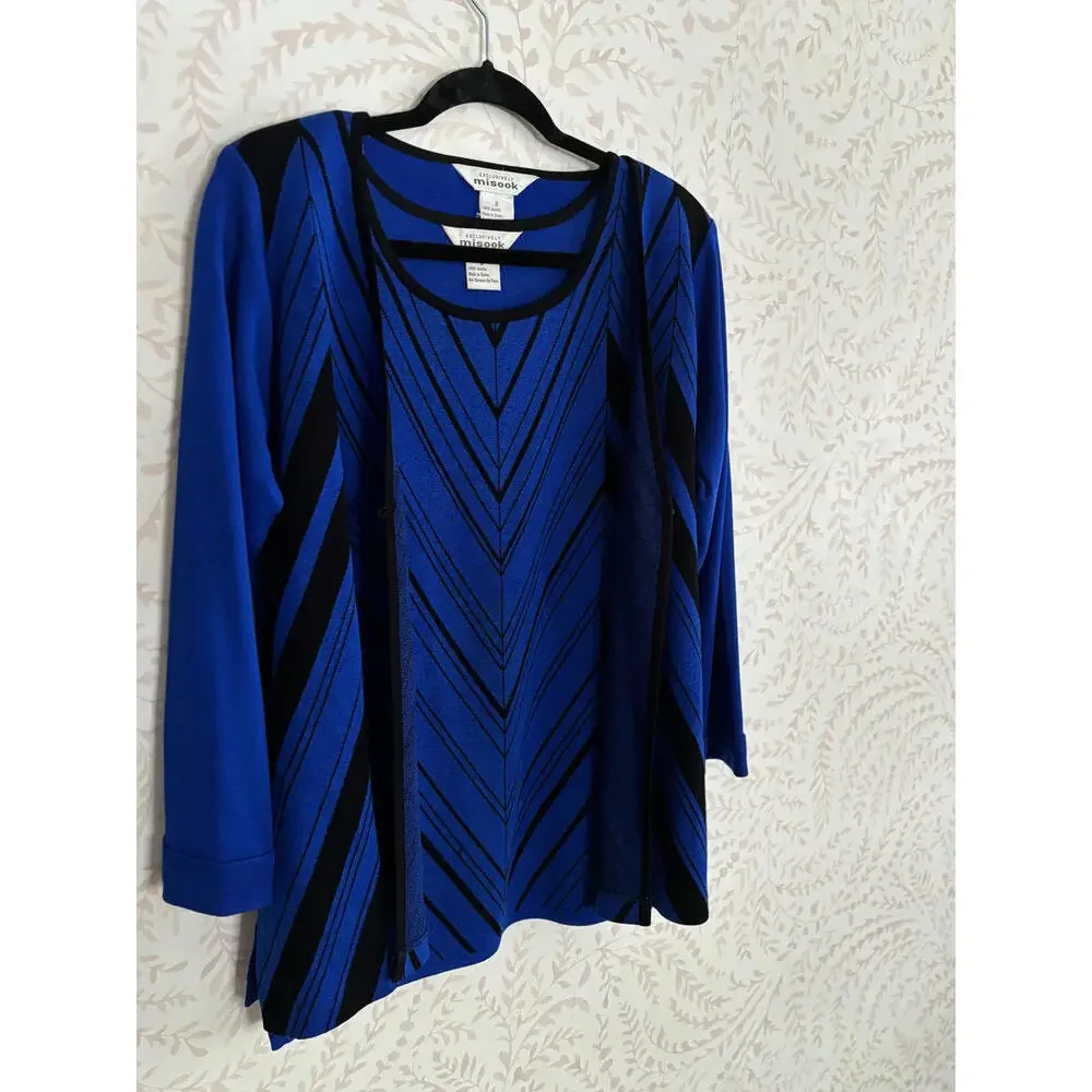 Vintage Set Misook Blue and Black Striped Long Sleeve Top - Picture 2 of 8